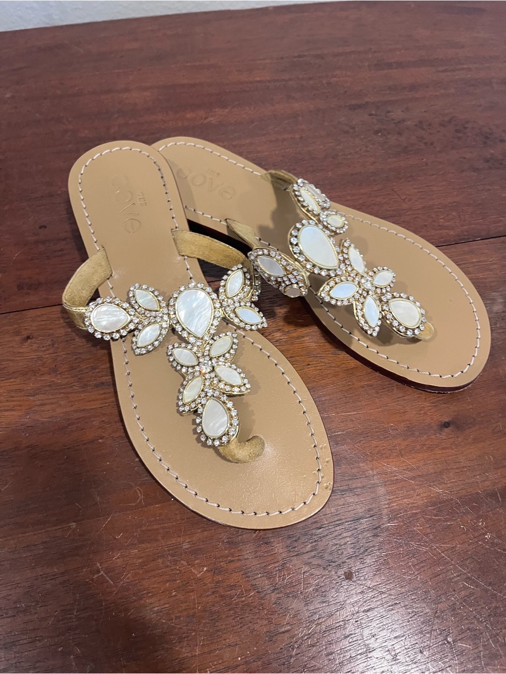 Women's Tan Jeweled Thong Sandals with Pearl Accents